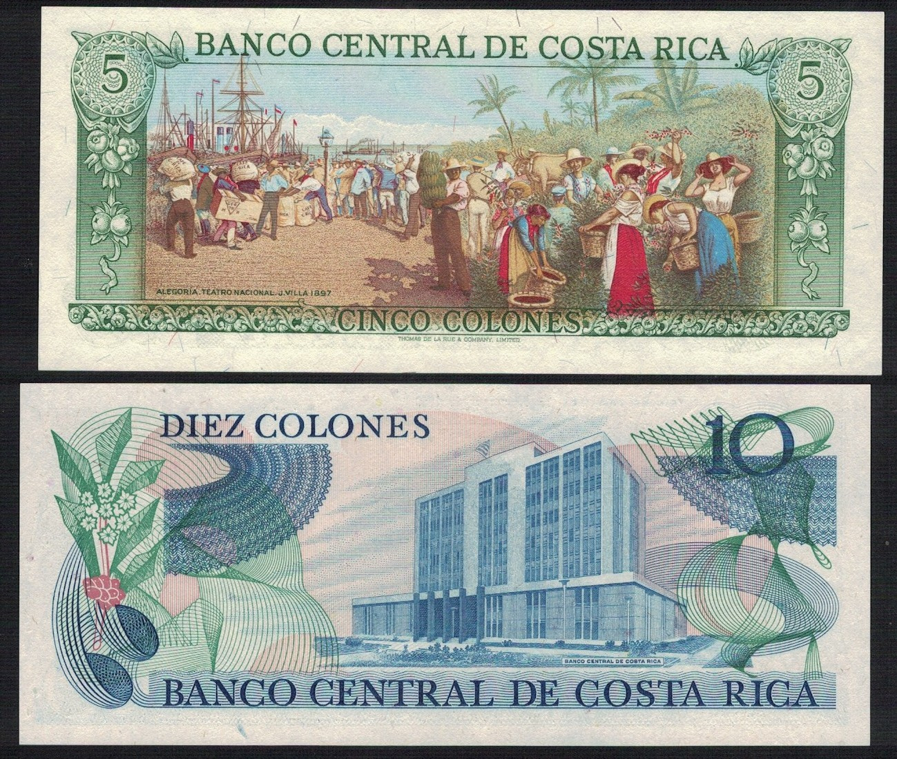 Costa Rica – lot of 2 banknotes-5 colones 1981 (P#236d) + 10 colones ...