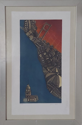 Eda Tekcan imzalı tablo — Gravür, 72×40 cm, 3.600 TL müzayede satışı