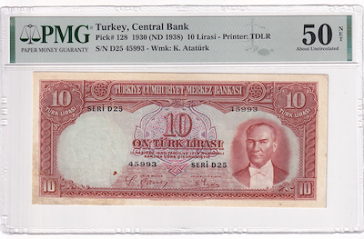 Türkiye, 10 Lira, 1938, ÇA, p128, 2. Emisyon, 1. Tertip-PMG 50 NET