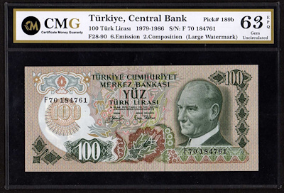6.EMİSYON 100 LİRA SERİ F70-CMG 63 EPQ SERTİFİKALI | Gordion Müzayede