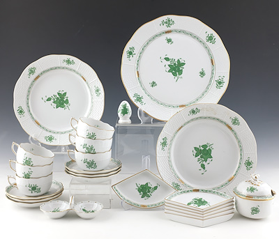 HEREND PORCELAIN DINNER SET-Green Apponyi pattern, total 81 pcs
