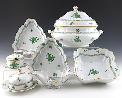 HEREND PORCELAIN DINNER SET-Green Apponyi pattern, total 81 pcs