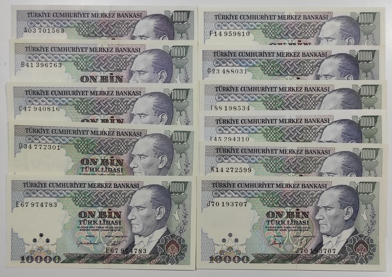 7 EMİSYON 10.000 LİRA SERİ A-B-C-D-E-F-G-I-I-J-K HARFLERİ ÇİL-A