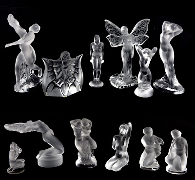 Lalique 12 adet Cam Heykelcik-Lalique France damgalı, Nü tasvirli