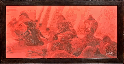 Özcan Çeltik imzalı tablo — Karışık Teknik, 42×83 cm, 13.000 TL müzayede satışı