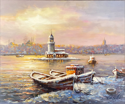 İRFAN ÇİFTÇİ-Karlı Kız Kulesi Tuval Üzeri Yağlı Boya İmzalı En İRFAN ÇİFTÇİ-Karlı Kız Kulesi Tuval Üzeri Yağlı Boya İmzalı En