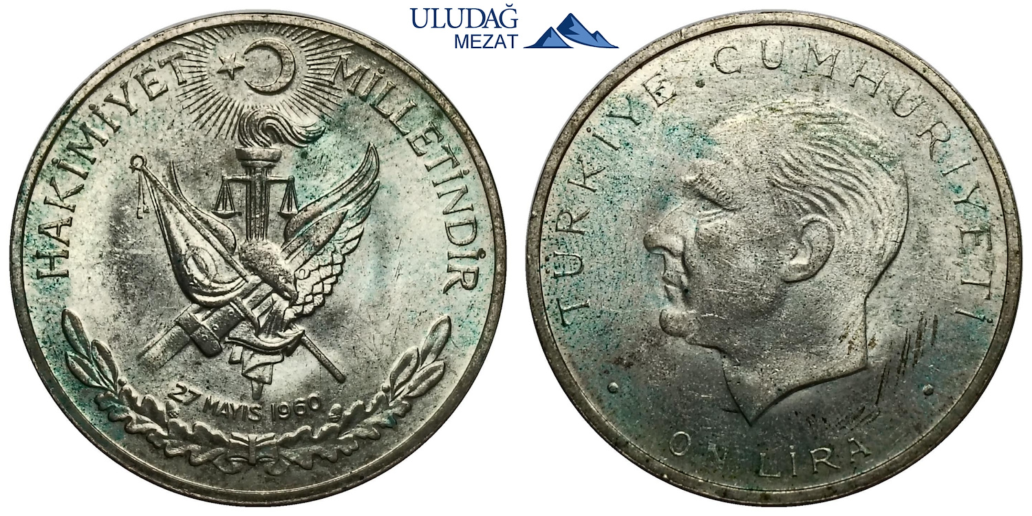 1960 YILI İHTİLAL 10 TL HATIRA GÜMÜŞ-14.9 GR. | Uludağ Mezat