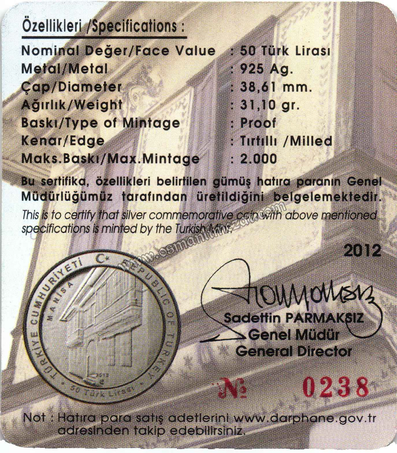 ORİJİNAL DARPHANE TORBASINDA - SERTİFİKALI - BASKI ADEDİ 497-2012