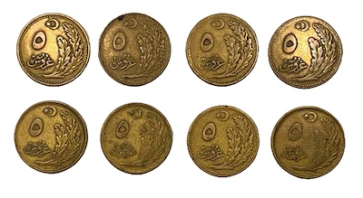 1924 - 1928 Yılları 8 Adet 5 Kuruş, Pirinç Para-a) 1340 (1924