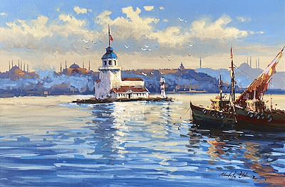 MUSTAFA ELDENİZ (d.1969)-Kız Kulesi. İmzalı. Tuval üzerine