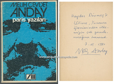 Autographed book-Paris Yazıları, Melih Cevdet Anday, 1. Baskı 1982